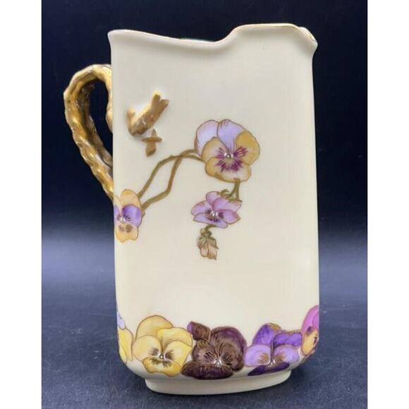 Antique H&Co Limoges Cream Pitcher 1 Pint Gold Floral Pansies - RARE - Picture 3 of 14